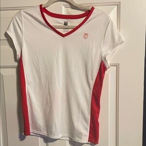 KSwiss-White and Red V-Neck Athletic T-Shirt